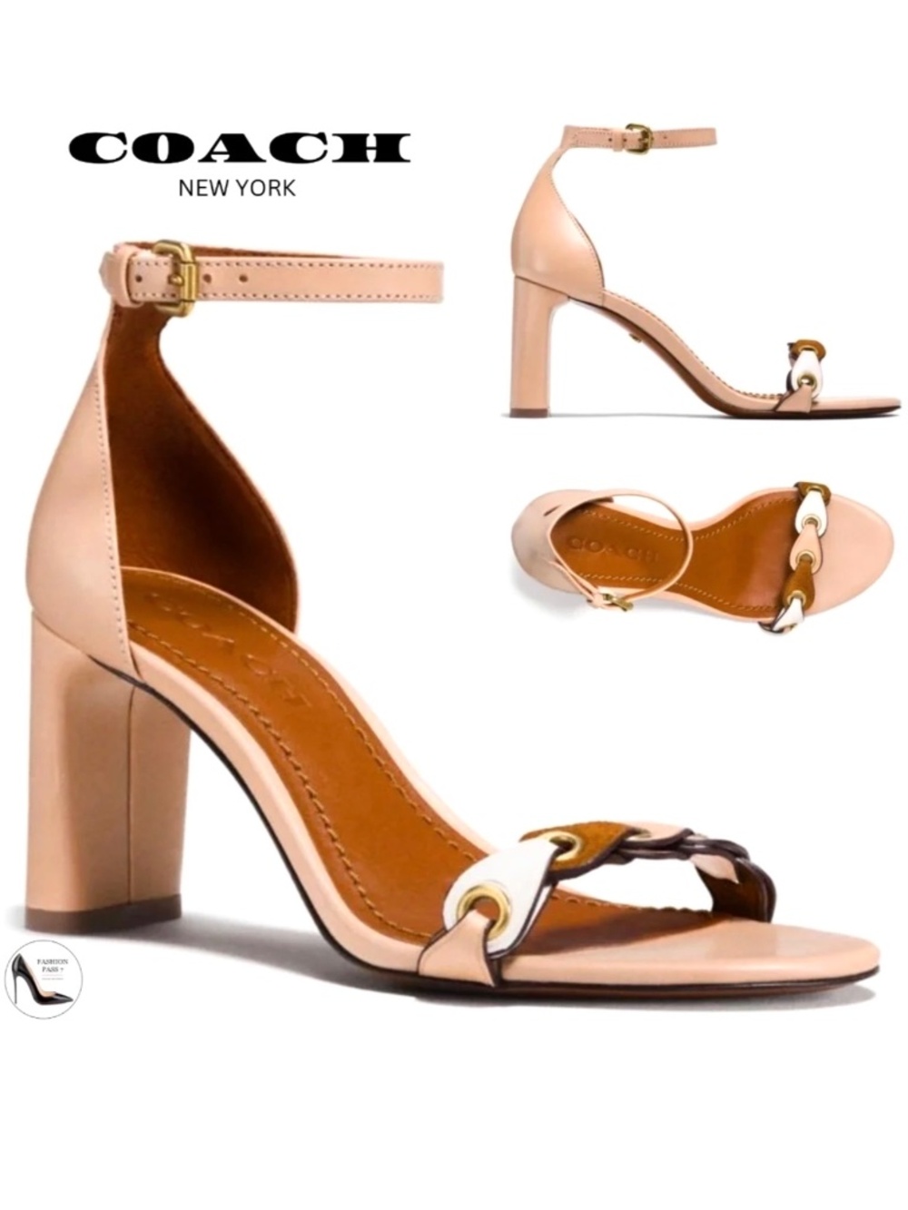 Coach Link Nude Beige Leather Block Heel Ankle Strap Sandals Dress Shoes 8.5
